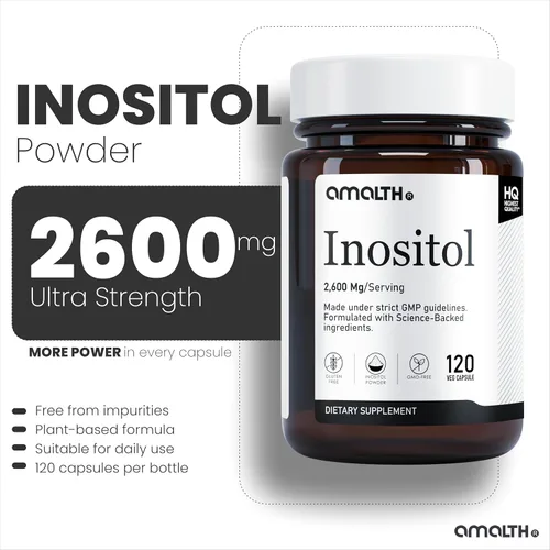 Vista 3 de AMALTH Cápsulas de inositol de 2600 mg Cápsulas de suplemento de inositol Myo Fórmula de polvo de vitamina B8 Equilibrio hormonal y apoyo