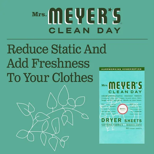 Vista 4 de Mrs. Meyer's Clean Day Hojas de secadora, suaviza la tela, reduce la estática, fórmula libre de crueldad, aroma a albahaca, 80