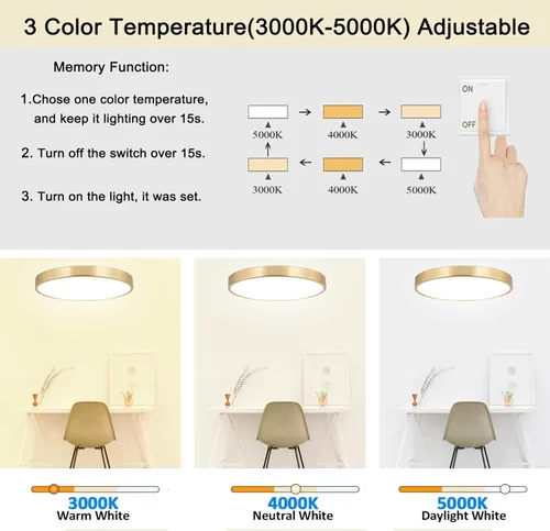 Vista 4 de Lámpara de techo LED de metal dorado cepillado de 12 pulgadas, 3000-5000 K, 20 W, delgada, redonda, moderna, de perfil bajo, para dormitorio, sala