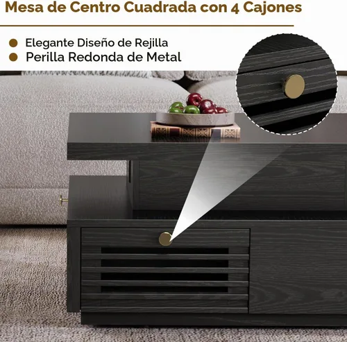 Vista 6 de Mesa de café IRONCK con luz LED y estación de carga, 4 cajones de almacenamiento con diseño de rejilla, mesa de café cuadrada para sala de estar
