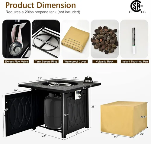 Vista 2 de COSTWAY Mesa para fogata de 50.000 BTU/14.65 KW, mesa de fuego de propano de encendido automático para exteriores, con cubierta impermeable, rocas