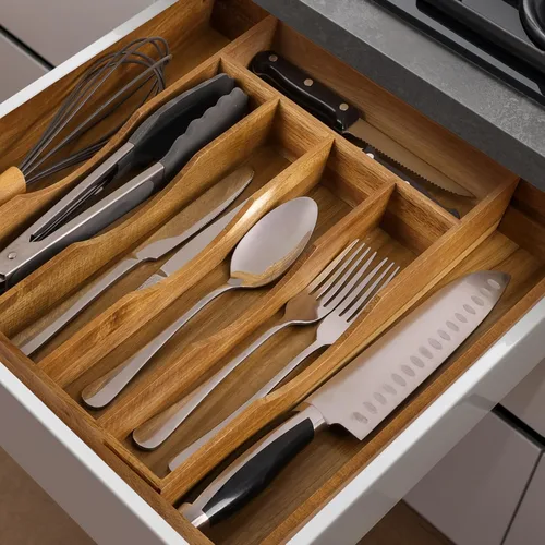 Vista 4 de Organizador de cajones extensible de acacia para cubiertos y utensilios, bandeja de cubiertos de madera de acacia ajustable en cajón para cubiertos