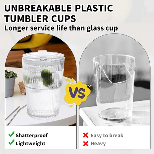 Vista 4 de Juego de 2 tazas de café helado con tapas y pajitas, vasos de plástico irrompibles de 16 onzas para bebidas reutilizables vaso de café helado