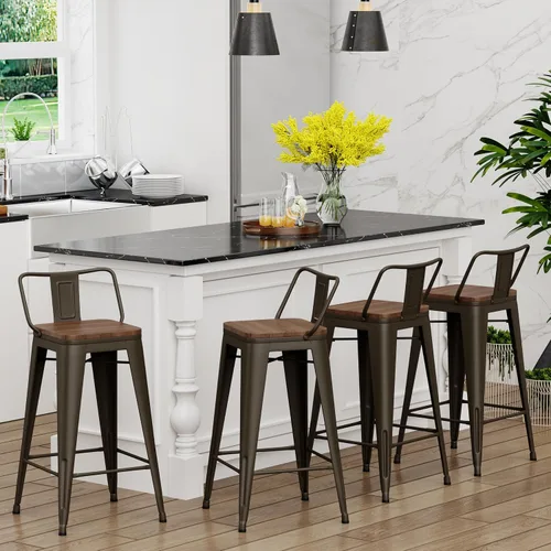 Vista 3 de Yongchuang - Juego de 4 taburetes de bar de 18" de metal apilables, taburetes cortos para aula, cocina, comedor, sillas con parte superior de madera