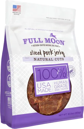 Full Moon - Natural Cut Pork Jerky - Golosinas naturales de cerdo cortadas, saludables, naturales y de grado humano para perros, sin granos, 10 onzas