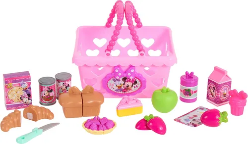 Vista 3 de Conjunto de Cesta de Compras Bowtastic de Minnie Bow-Tique de Disney Junior con Comida de Juguete y Accesorios, Juego de Simulación, Juguetes