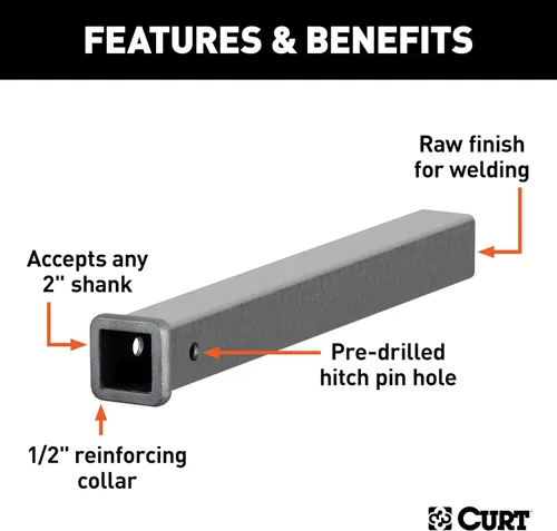 Vista 3 de CURT 49240 Tubo receptor de enganche de remolque de acero crudo soldable de 2 pulgadas x 24 pulgadas