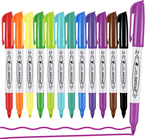 Juego de marcadores permanentes de colores surtidos, 12 marcadores de colores, 12 unidades, punta fina, funciona en madera, plástico, metal y más,