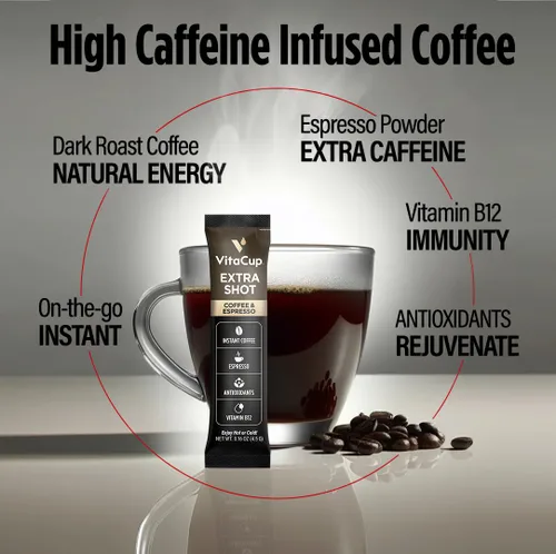 Vista 3 de VitaCup Cápsulas de café Extra Shot instantáneas con café expreso, “Red Eye” alta cafeína, tostado oscuro intenso con vitamina B12, antioxidantes