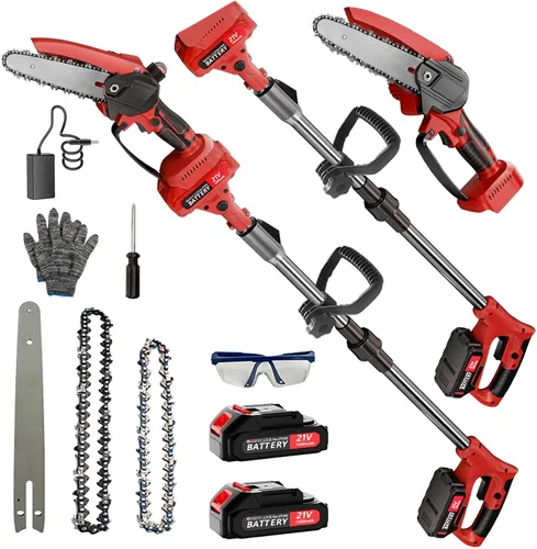 Vista 8 de Sierra de poste inalámbrica 2 en 1 y mini motosierra, sierra de árbol de 6 pulgadas con poste de extensión de 4.4 pies, cabezal multiángulo, 2