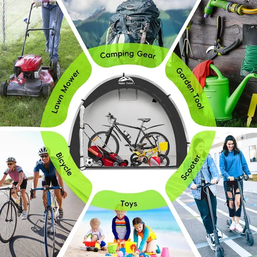 Vista 6 de Happy Travel Carpa Cobertizo de Almacenamiento de Bicicletas, Refugio Cubierta Impermeable para Bicicletas al Aire Libre con Ventana para 2/3/4/6