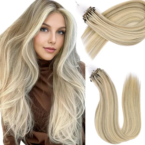 Vista 36 de Extensiones de cabello humano con punta en I de 14 pulgadas #16/60, color rubio con reflejos dorados y marrón grisáceo mezclado, extensiones
