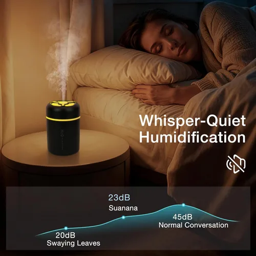 Vista 6 de Portable Mini Humidifier, 300ml USB Cool Mist Small Humidifier with Colorful Lights. Perfect for Bedroom, Office, Plants, travel & Car (Black)
