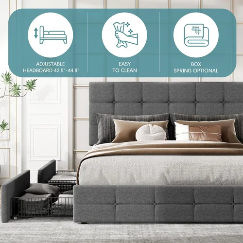 Vista 49 de HOOMIC Base de cama de almacenamiento de plataforma de tamaño matrimonial con 4 cajones y cabecera ajustable, listones de madera, no necesita