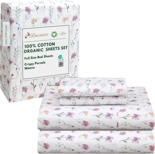 Vista 60 de RUVANTI Juego de sábanas de algodón orgánico 100% tamaño completo, tejido de percal, certificado GOTS, juego de 4 piezas, bolsillo profundo de 15