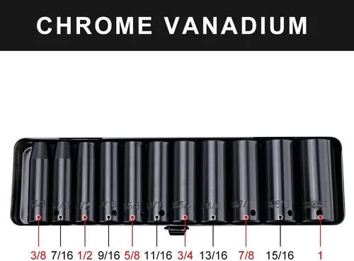Vista 2 de AEROPRO Tools Juego de llaves de vaso de impacto profundo de 1/2", 11 piezas, 6 puntos, 3/8 a 1 pulgada, acero Cr-V