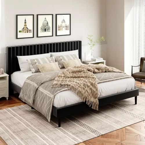 Vista 8 de HAOARA Base de cama de plataforma tamaño Queen con cabecera tapizada de terciopelo, marco de cama Queen con listones de madera fuertes, somier Beige