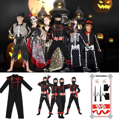 Vista 6 de Disfraz de ninja para niños, disfraz de ninja con máscara negra y accesorios de espuma ninja para Halloween
