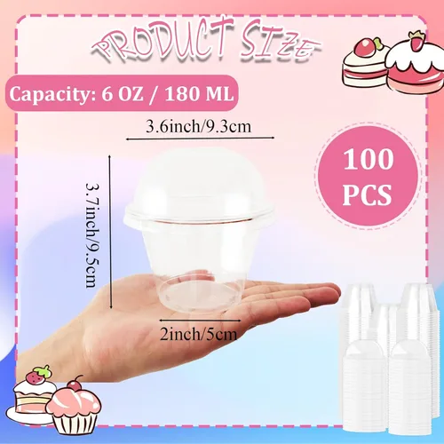 Vista 2 de Szsrcywd Paquete de 100 tazas transparentes de postre de 6 onzas con tapas de cúpula, vasos desechables de plástico para yogur (sin agujeros)