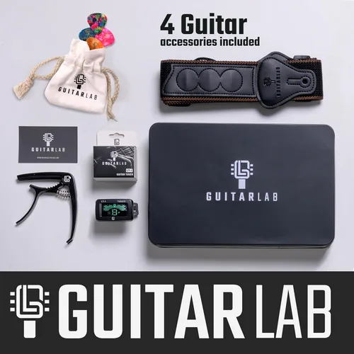 Vista 2 de Kit de Accesorios para Guitarra de Guitar Lab – Premium Caja de Metal con Correa para Guitarra, Cejilla, Afinador, Púas para Guitarras Acústicas