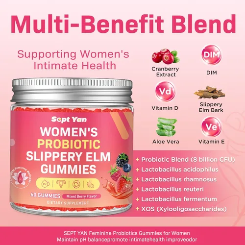 Vista 3 de Gomitas de olmo resbaladizo probiótico femenino con Dim, arándano, aloe vera, vitamina D3 y E para mujeres, equilibrio de pH, salud intestinal