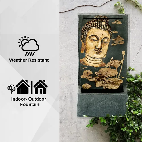 Vista 9 de XBrand Fuente de pared de agua de 29.5 pulgadas de alto con cara de Buda para interiores y exteriores, con bomba y protector contra salpicaduras