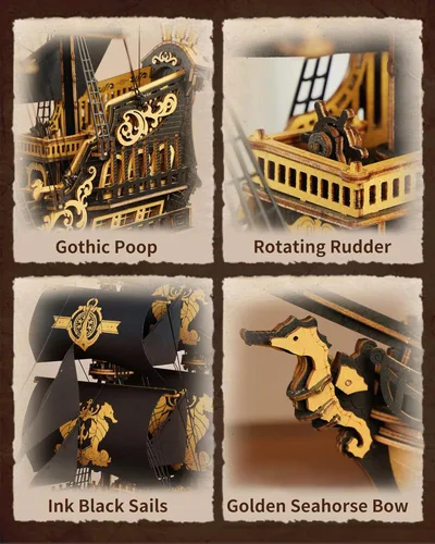 Vista 4 de ROKR Seahorse Barque - Rompecabezas de madera 3D para adultos, kit de modelo de velero, ensamblaje de 603 piezas, velero a escala 1:100 MCB02