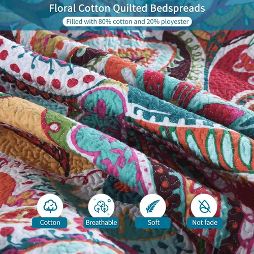 Vista 3 de Qucover Juegos de Edredones de Algodón Individuales, 2 Piezas Patrón Paisley Multicolor Rojo, Naranja, Azul, Juego de Edredón Individual con Fundas