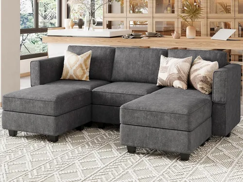 Vista 23 de Belffin Sofá seccional modular de tela en forma de U Sofá seccional doble diván Sofá otomano convertible con almacenamiento negro