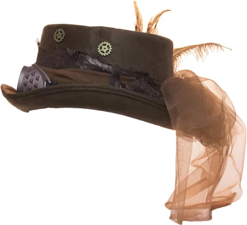 Vista 3 de Gorro Steampunk de terciopelo de lujo de 4.25 pulgadas con gafas extraíbles, Negro