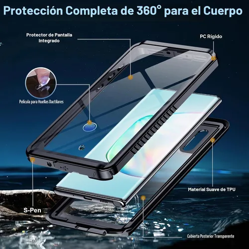 Vista 5 de MOZOTER - Funda impermeable para Samsung Galaxy Note 10 Plus con sonido claro Negro
