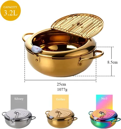 Vista 8 de Olla de acero inoxidable 304, olla tempura de 3.2L/2.8 cuartos de galón con tapa de termómetro y escurridor de aceite, olla japonesa para cocina