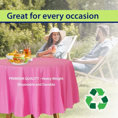 Vista 4 de Mantel de plástico desechable rosa para mesas redondas (paquete de 12) manteles de 84 pulgadas para fiestas, eventos y bodas, interiores