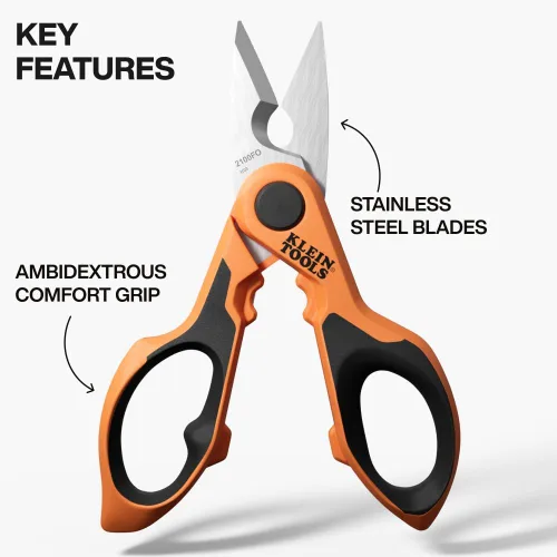 Vista 2 de Klein Tools 2100FO Tijeras de electricista de acero inoxidable con hoja dentada y pelacables, tijeras compactas para corte de cables y alambres, 6