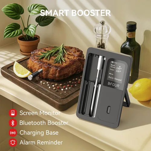 Vista 2 de BFOUR Termómetro Digital Inalámbrico para Carne de 524 Pies con Aplicación Inteligente, Termómetro Bluetooth para Cocinar Ahumador con LCD Booster
