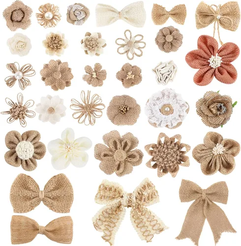 VGOODALL Juego de 32 flores de arpillera natural, flores de encaje de arpillera para decoración de boda, fiesta, decoración del hogar, manualidades