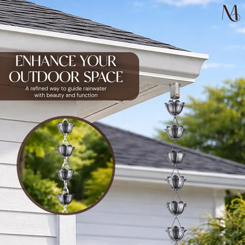 Vista 2 de Monarch Rain Chains Cadenas de lluvia de estaño de loto de aluminio para canaletas – Cadena de lluvia decorativa de peltre de 8.5 pies
