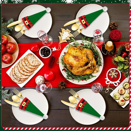 Vista 4 de Hiboom Juego de 50 soportes de cubiertos de Navidad de tela no tejida, bolsa de almacenamiento de cubiertos de Papá Noel para mesa, cubiertos