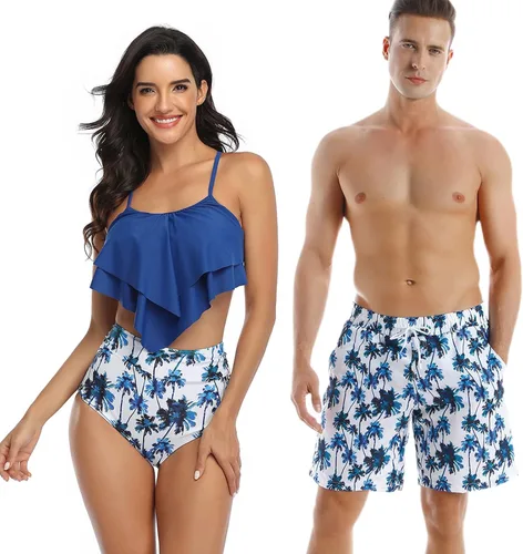 Couple Matching Swimsuits Bikini High Waisted Set Swim Trunks Bathing Suits for Women Men