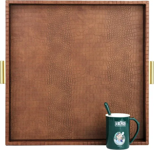 HofferRuffer Elegante bandeja decorativa para servir, bandeja otomana cuadrada de piel sintética de 20 x 20 pulgadas con asas doradas, mesa de café