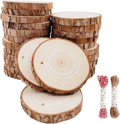 Vista 8 de Rebanadas de madera natural sin terminar, 25 piezas de posavasos de madera de 3.1 a 3.5 pulgadas, kit de madera preperforado con agujero, círculos