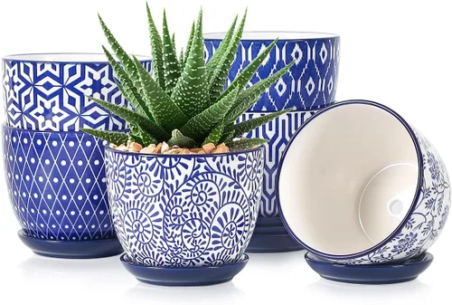 Vista 10 de Selamica Macetas de cerámica para suculentas con agujeros de drenaje, macetas pequeñas de 3.5 pulgadas para plantas de interior con platillos