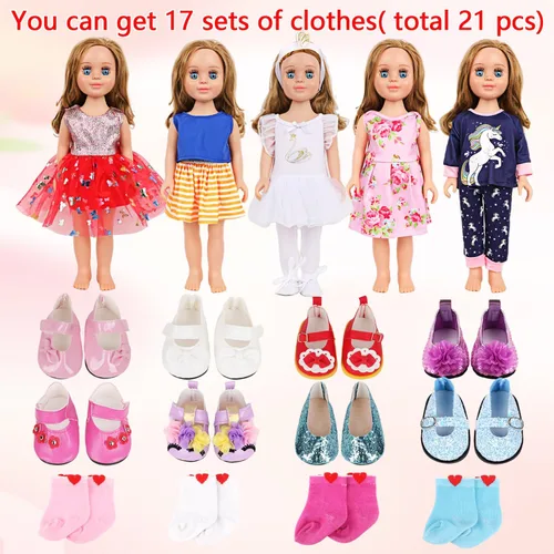 Vista 2 de MSYO Paquete de ropa y accesorios para muñecas de 18 pulgadas, juego de 19 piezas con 5 ropa, 2 zapatos (8 opciones de estilo) y 2 calcetines