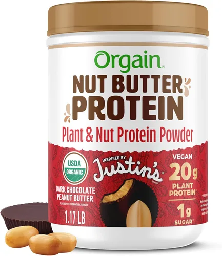 Orgain X Justin's ® Proteína en polvo de mantequilla de nuez vegana orgánica, mantequilla de maní de chocolate, 0.71 oz de proteína vegetal, 0.04 oz
