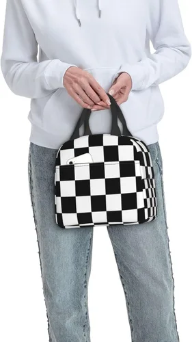 Vista 6 de Fiokroo Lonchera aislada con estampado a cuadros blancos y negros y negros, bolsa de almuerzo reutilizable para escuela, trabajo, universidad