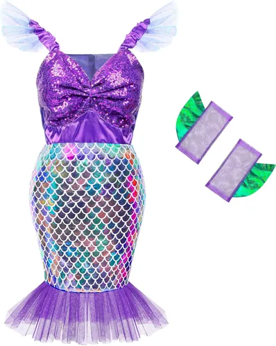 Vista 5 de Jeowoqao Disfraz de princesa de sirena, ropa de juego de simulación para niñas, regalo de 13 piezas, disfraz de princesa para niñas pequeñas de 3