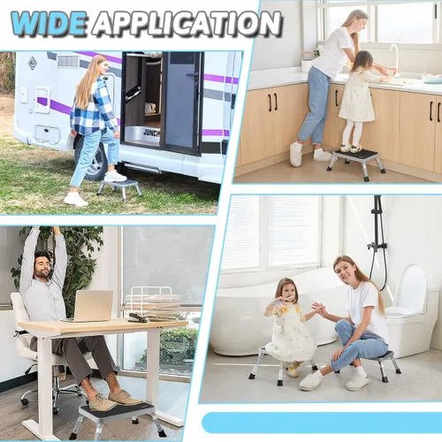 Vista 7 de Double Elite Taburetes Plegables Ajustables de 3 Niveles para Adultos, Escalón de Metal Resistente para RV, Taburete de Cocina Pequeño Plegable Más