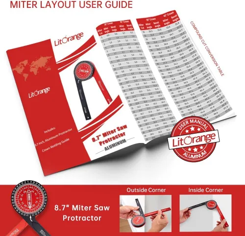 Vista 7 de Litorange Transportador de sierra ingletadora de aluminio Plus Buscador de ángulo de 8.7 pulgadas con escalas grabadas con láser de precisión