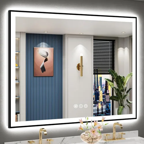 Vista 64 de Espejo de baño LED de 48 x 30 pulgadas con luces, retroiluminado + frontal iluminado, espejo de tocador con luz antiniebla para pared de baño con 3