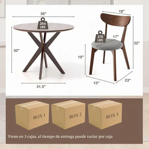 Vista 3 de ERGOMASTER Juego de mesa de comedor de 3 piezas para 2, mesa de cocina de 36 pulgadas con 2 sillas, patas de madera de goma, color marrón